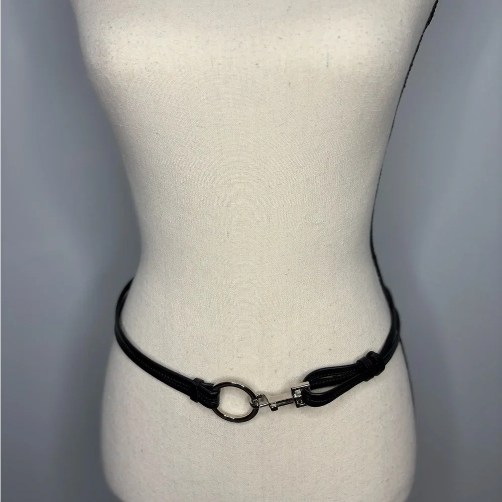 Black Leather Belt Womens vintage Y2K with Silver Buckle toggle bridle medium - Picture 6 of 7